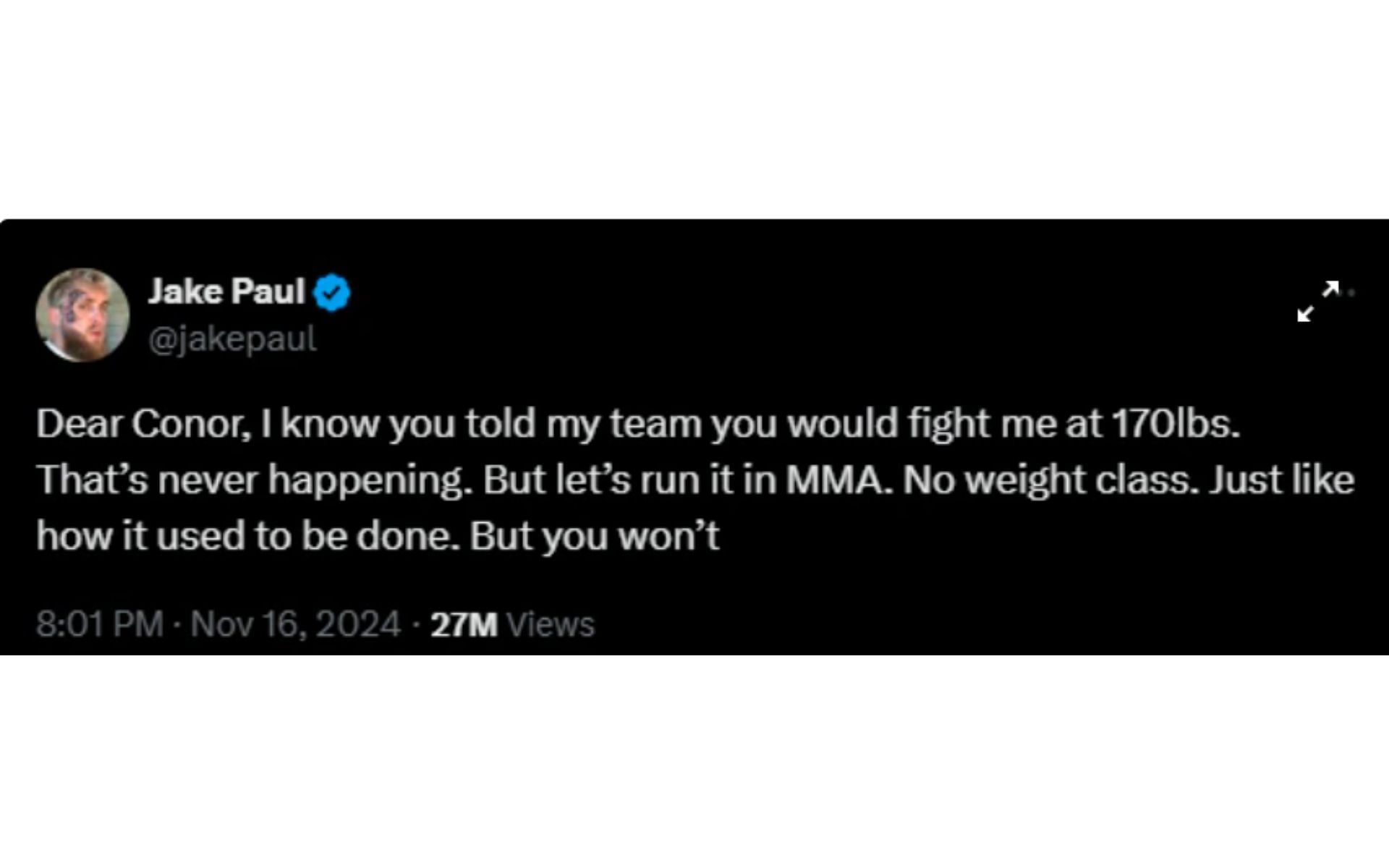Screenshot of Jake Paul's deleted post on X